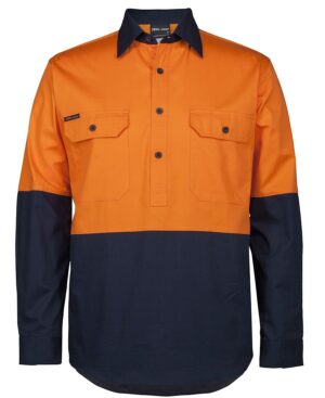 JB's HV CLOSE FRONT L/S 150G WORK SHIRT ORANGE/NAVY - XS