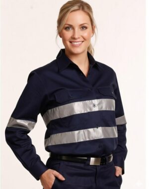 Ladies HiVis Cotton Drill Long Sleeves Work Shirt with 3M Reflective Taps